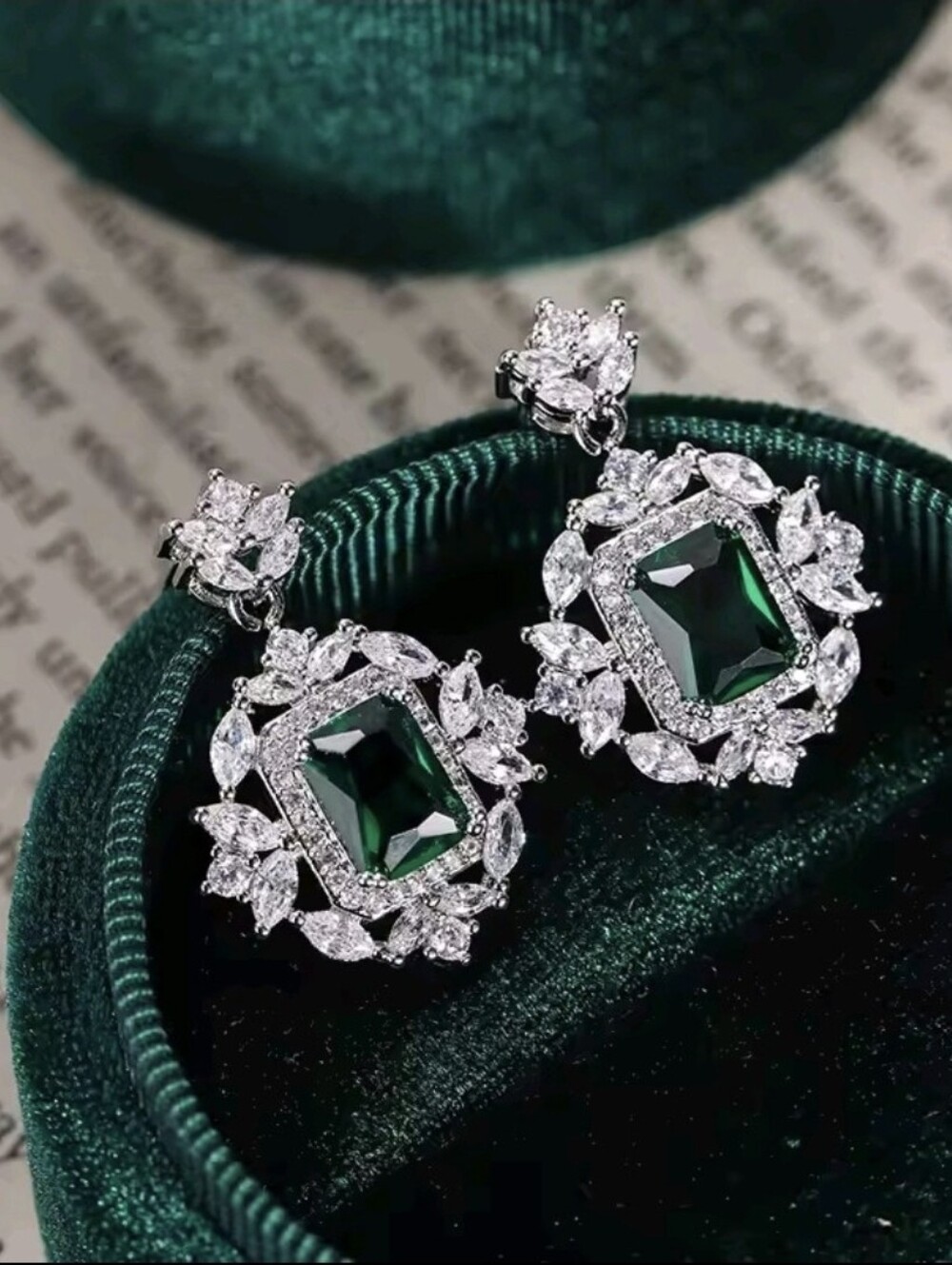 Emerald Green Crystal Statement Drop Earrings – Elegant Silver Tone - Picture 3 of 5